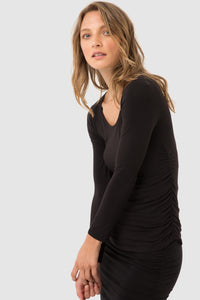 Ruched Bamboo Long Sleeve  Black Top - Bamboo Body